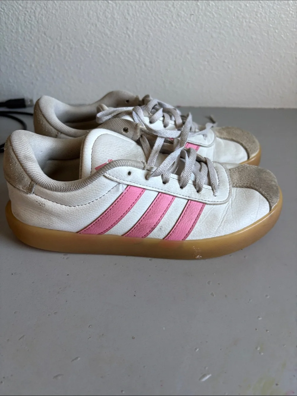 adidas Kids White Sneakers with Pink Stripes and Gum Sole Accent